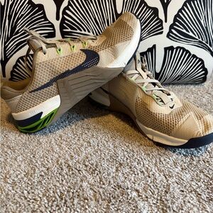 Nike Metcon training Tan and Blue Sneakers with Green Accents
